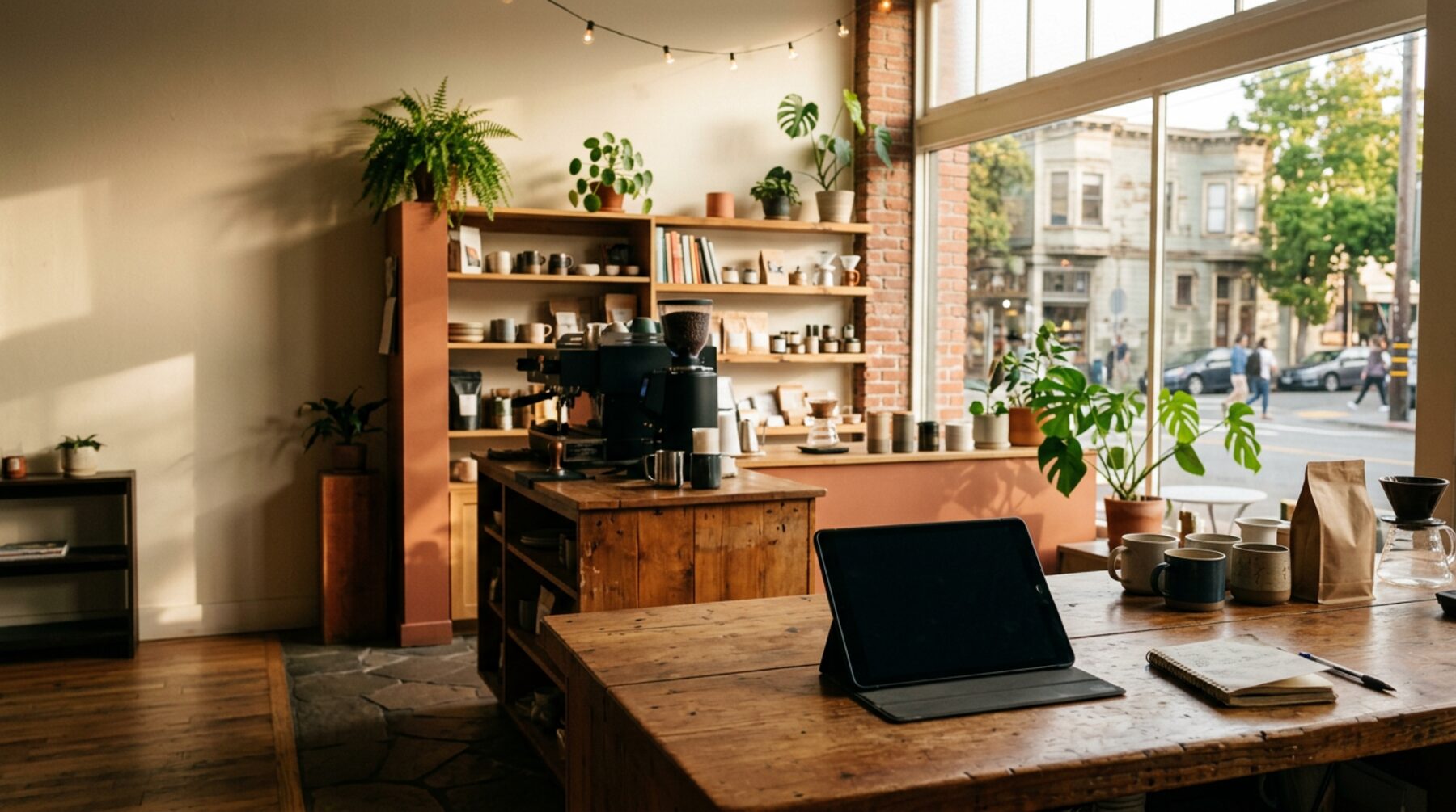A warm, small neighborhood shop in San Francisco with a tablet on the counter